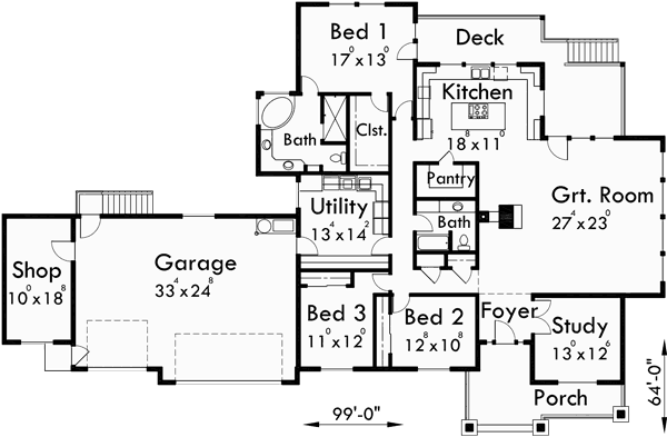 Main Floor Plan for 10037 Large Ranch House Plan featuring Gable Roofs