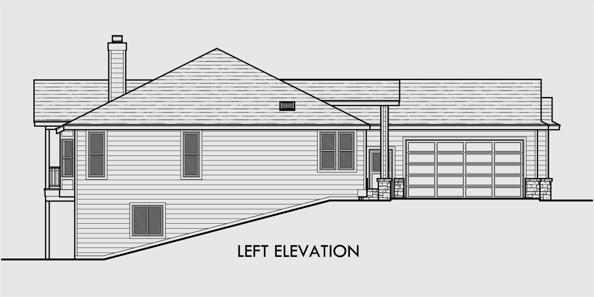 House side elevation view for 10001 One story house plans, daylight basement house plans, 3 bedroom house plans, side entry garage plans, side load garage plans, 10001