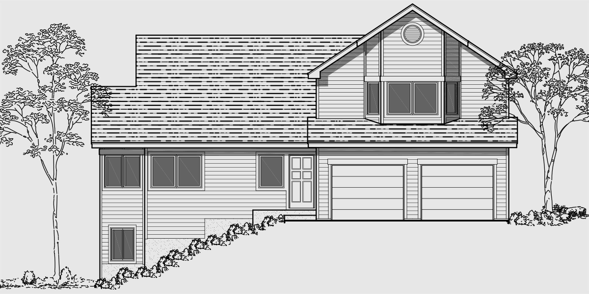 House front color elevation view for 9942 Side sloping lot house plans, 4 bedroom house plans, house plans with basement, 9942