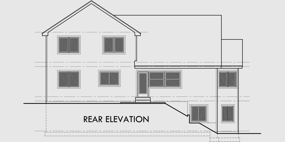 House front drawing elevation view for 9942 Side sloping lot house plans, 4 bedroom house plans, house plans with basement, 9942