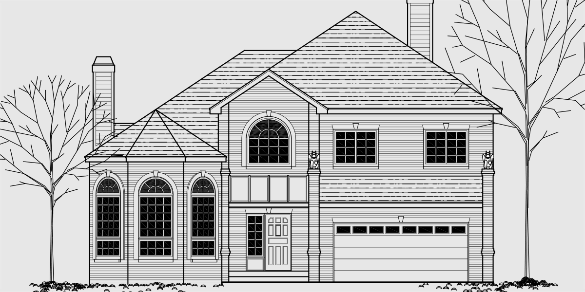House front color elevation view for 9946 Brick house plans, curved stair case, attic dormer, small castle house plans, 9946