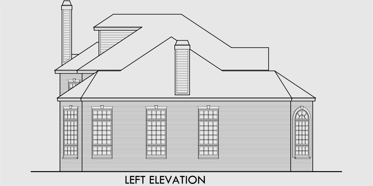 House side elevation view for 9946 Brick house plans, curved stair case, attic dormer, small castle house plans, 9946
