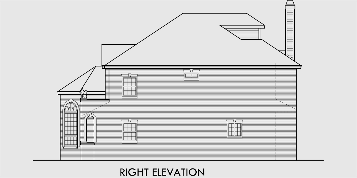 House rear elevation view for 9946 Brick house plans, curved stair case, attic dormer, small castle house plans, 9946