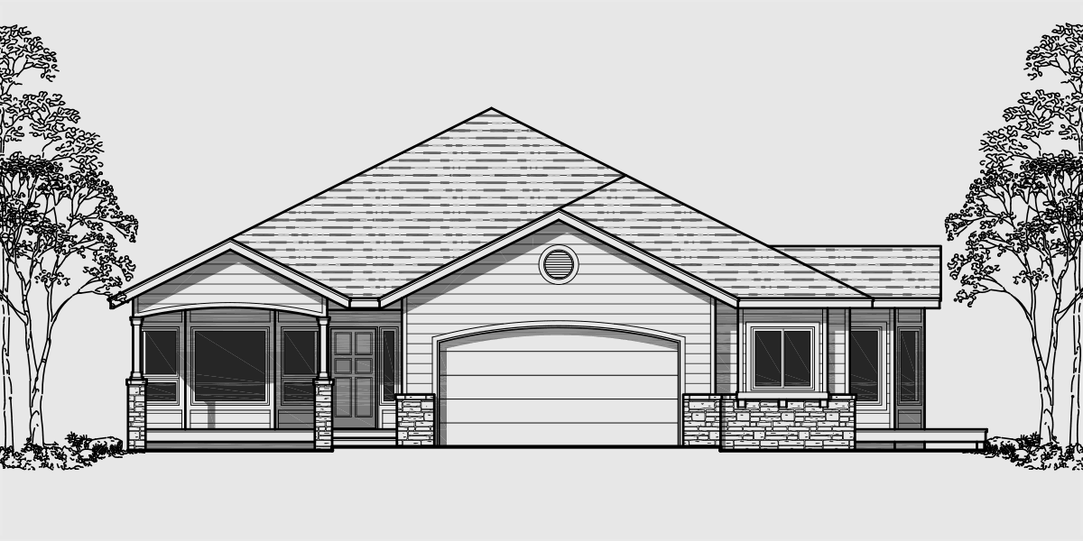 House front color elevation view for 10079 One level house plans, side view house plans, narrow lot house plans, 10079