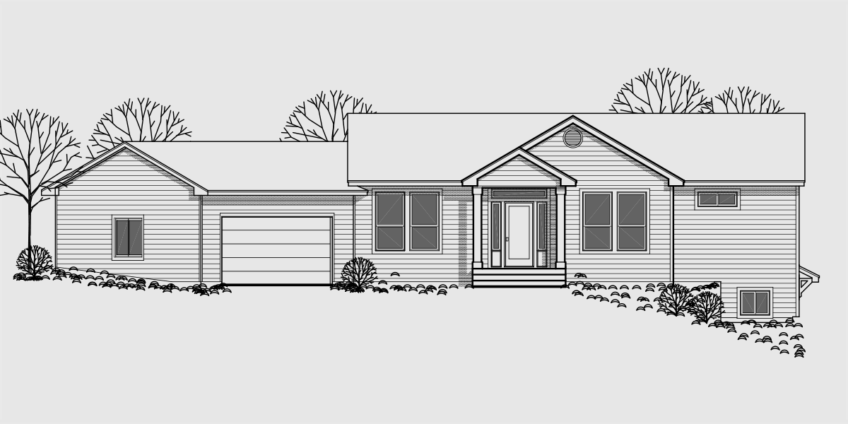 House front drawing elevation view for 9918 Walkout Basement House Plan, Great Room, Angled Garage
