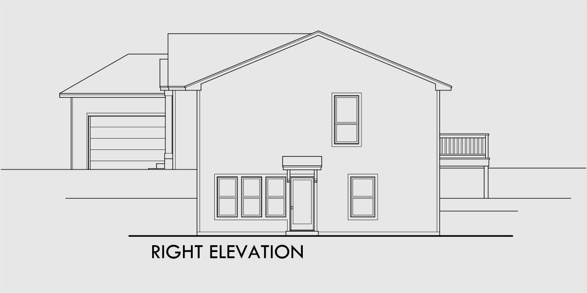 House side elevation view for 9918 Walkout Basement House Plan, Great Room, Angled Garage