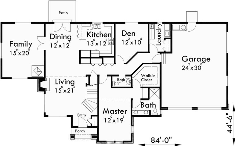Main Floor Plan for 9912 Tudor House Plan, master bedroom on main floor, house plans with Loft, 9912