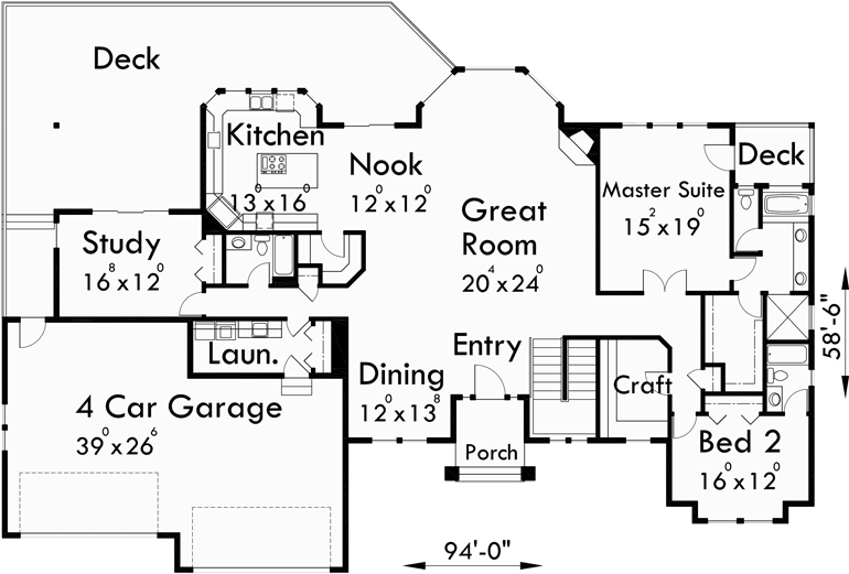 Main Floor Plan for 10054 Sprawling ranch house plans, Daylight basement, Great room house plans, Recreational Room, 4 Car Garage