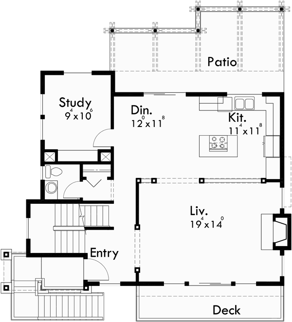 Main Floor Plan for 10110 Craftsman house plan for sloping lots has front Deck and Loft