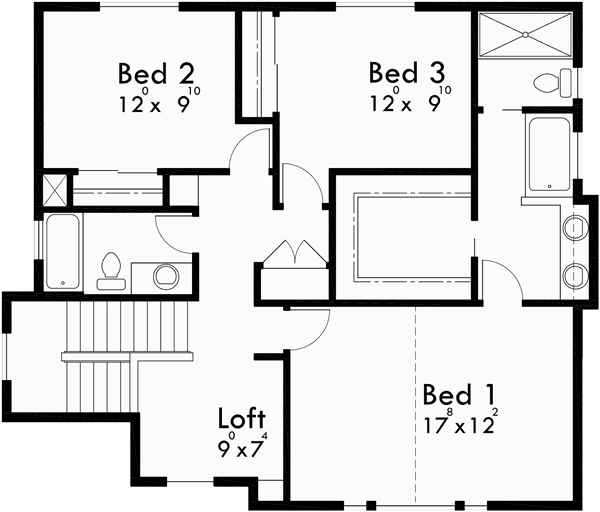 Upper Floor Plan for 10110 Craftsman house plan for sloping lots has front Deck and Loft