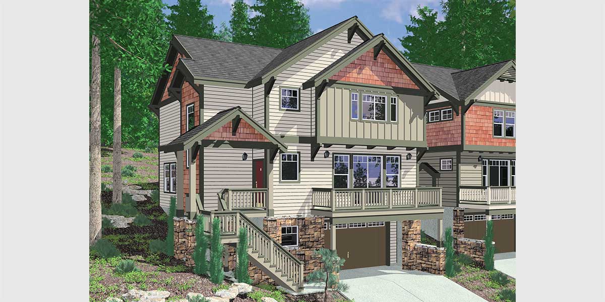 10110 Craftsman house plan for sloping lots has front Deck and Loft