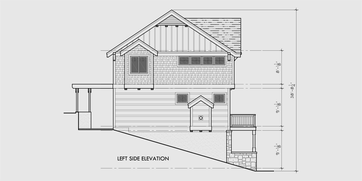 House side elevation view for 10111 Craftsman house plan for sloping lots