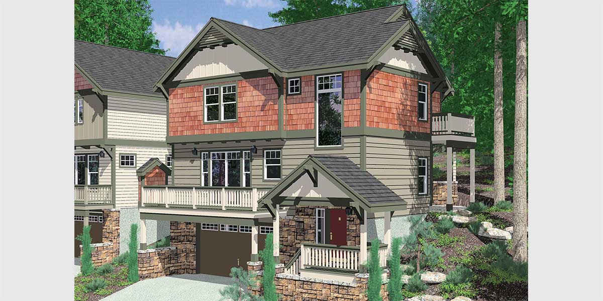 10111 Craftsman house plan for sloping lots has front and rear decks.