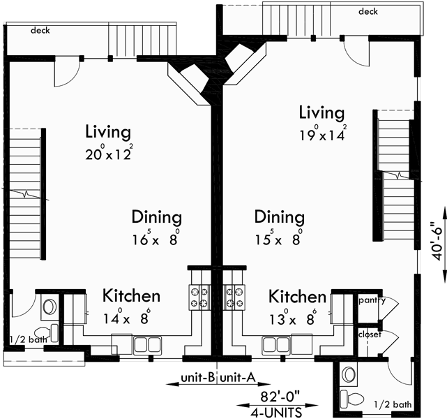 Main Floor Plan for F-558 Four-plex house plans, 4 unit multi family house plans, F-558