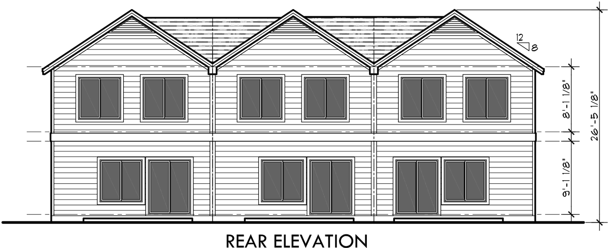 House front drawing elevation view for T-407 Triplex House Plans, Craftsman Exterior, Town House Plans, T-407