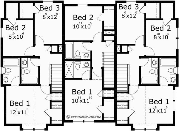 Upper Floor Plan for T-403 Triplex House Plans, Traditional House Plans, Town House Plans, T-403
