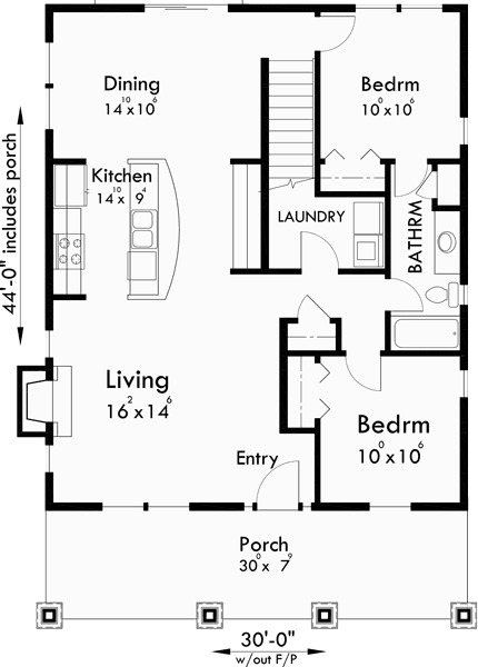 Main Floor Plan for 10122 Bungalow House Plans, Large Porch House Plans, 1.5 Story House Plans, House Plans with Dormer Windows