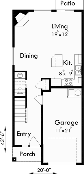 Main Floor Plan for 10118 Narrow lot house plans, affordable small house plans, 4 bedroom house plans, 20 ft wide house plans, 10118