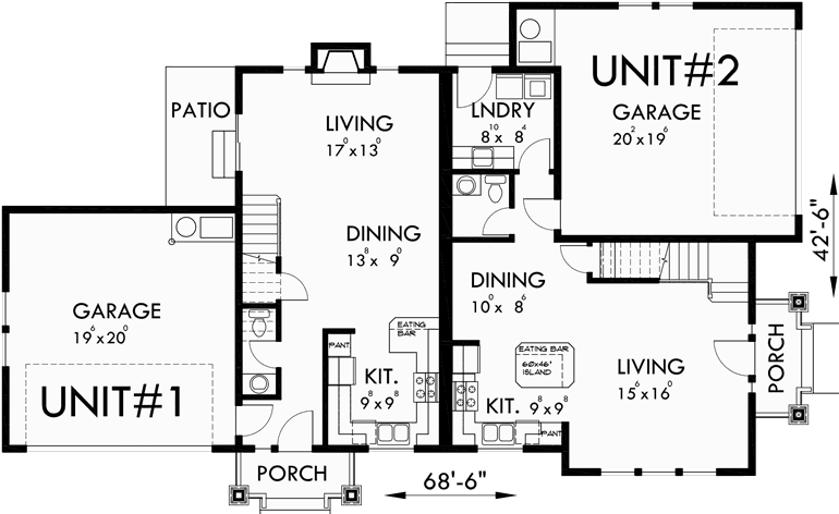 Main Floor Plan for D-548 Duplex house plans, corner lot duplex house plans, duplex house plans with garage, 3 bedroom duplex house plans, D-548