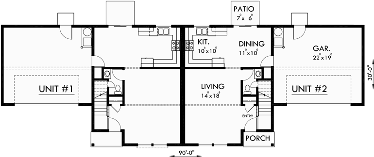 Main Floor Plan for D-545 Duplex house plans, duplex house plans with 2 car garages, D-545