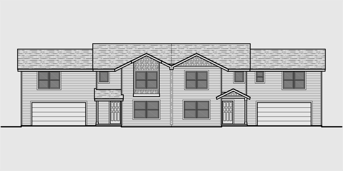House front drawing elevation view for D-545 Duplex house plans, duplex house plans with garages, D-545