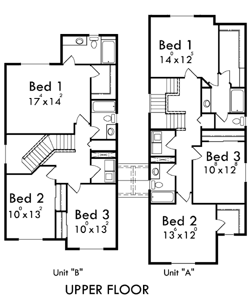 Upper Floor Plan for D-554-b Duplex house plans, corner lot duplex house plans, duplex house plans with garage, 3 bedroom duplex house plans, D-544-b