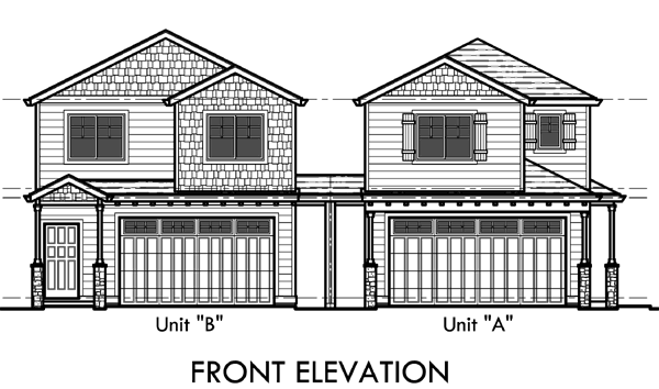 House front color elevation view for D-554-b Duplex house plans, corner lot duplex house plans, duplex house plans with garage, 3 bedroom duplex house plans, D-544-b