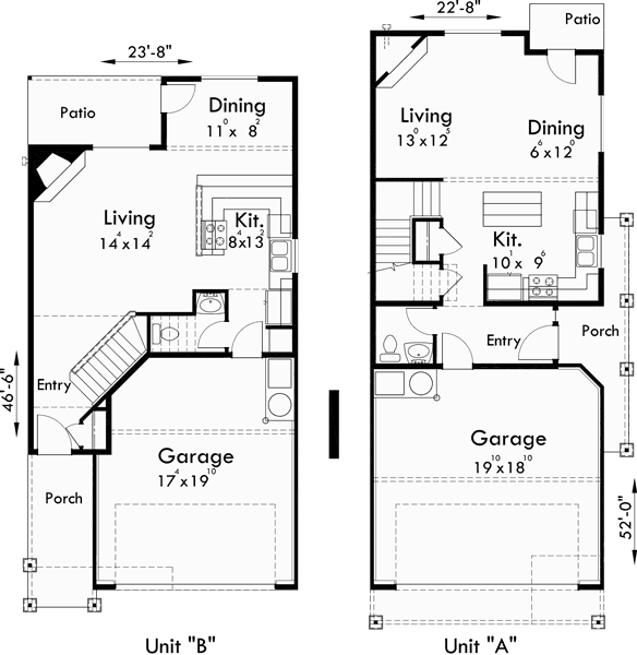 Main Floor Plan for D-558-b Duplex house plans, corner lot duplex house plans, duplex house plans with garage, 3 bedroom duplex house plans, D-558-b