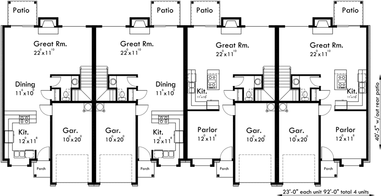 Main Floor Plan 2 for F-490 4 plex plans, Tudor house plans, townhome plans, quadplex plans, F-490