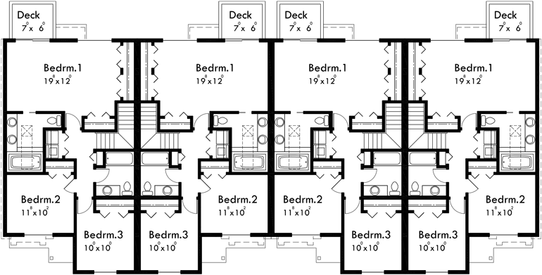 Upper Floor Plan 2 for 4 plex plans, Tudor house plans, townhome plans, quadplex plans, F-490