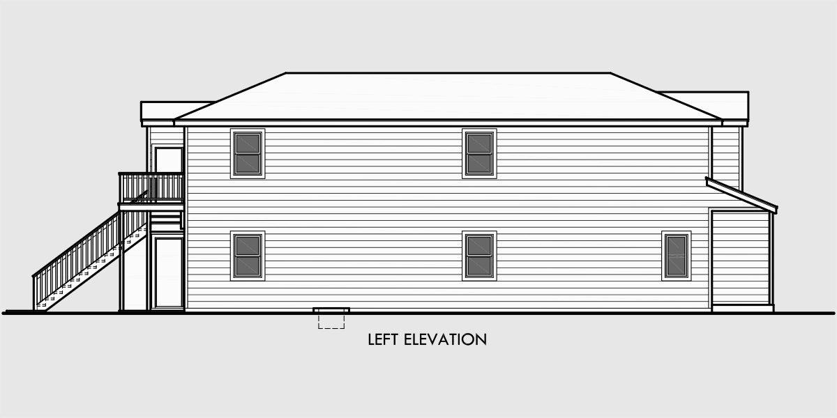 House side elevation view for D-552 duplex house plans, stacked duplex house plans, D-552