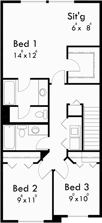 Upper Floor Plan for D-536 Duplex house plans, townhouse plans, D-536