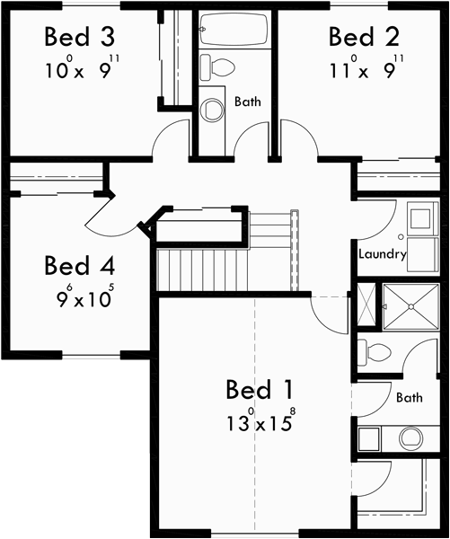 Upper Floor Plan for 10125 4 bedroom house plans, 30 wide house plans, narrow house plans, 2 level house plans, 10125