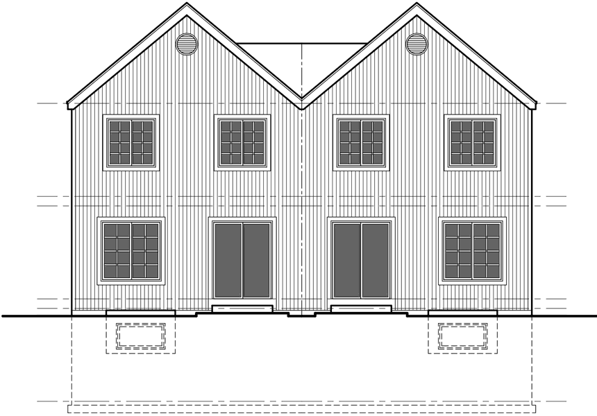 House front drawing elevation view for D-533 2 Story Duplex house plans, Basement House Plans, Duplex Plans, D-533