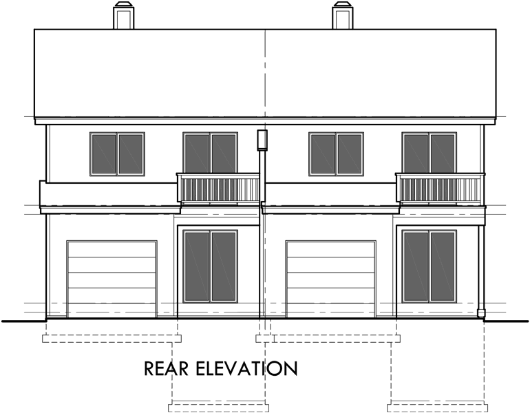 House front drawing elevation view for D-565 Duplex house plans, duplex house plans with basement, house plans with rear garages, D-565