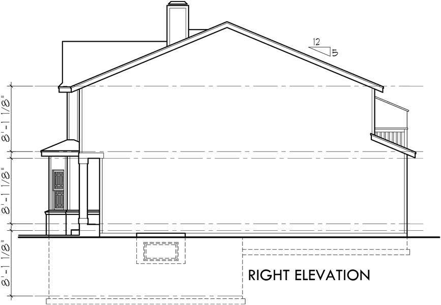 House side elevation view for D-565 Duplex house plans, duplex house plans with basement, house plans with rear garages, D-565