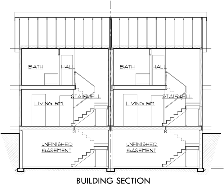 House rear elevation view for D-565 Duplex house plans, duplex house plans with basement, house plans with rear garages, D-565