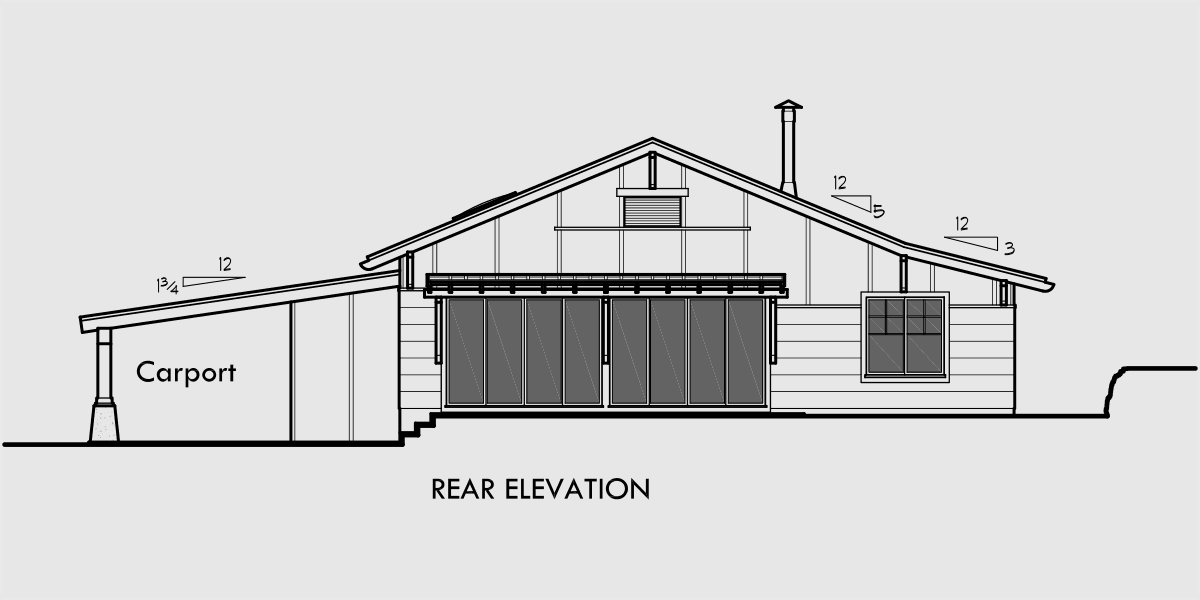 House rear elevation view for 10145 House Plan Large Great Room open to the Kitchen with 5 ft Eating Bar Carport and Storage area