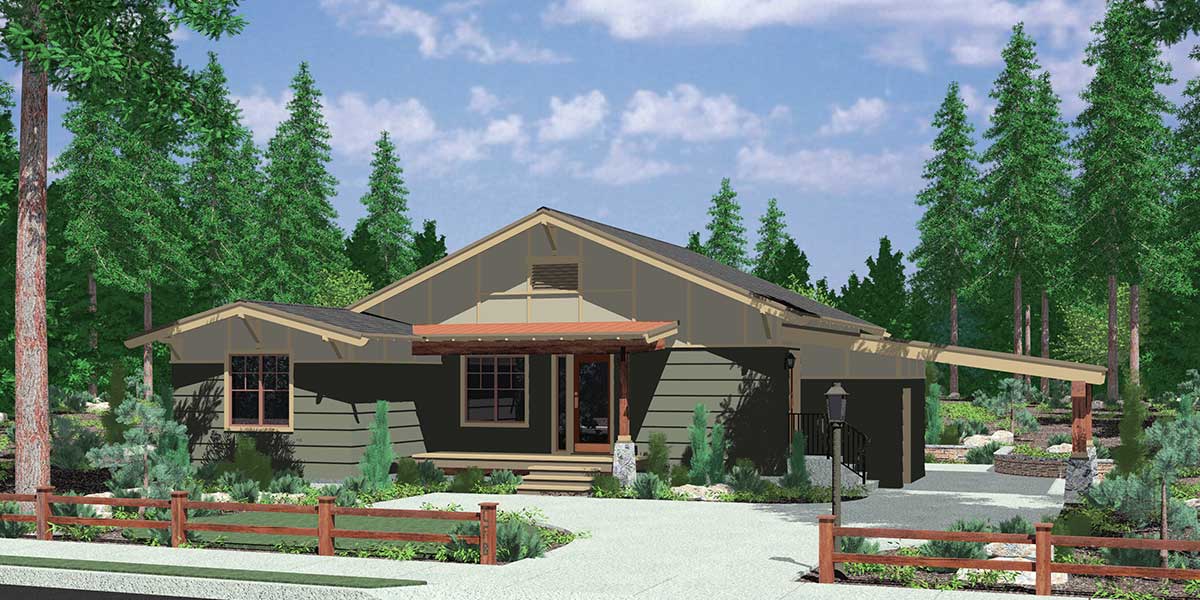 House front color elevation view for 10145 House Plan Large Great Room open to the Kitchen with 5 ft Eating Bar Carport and Storage area