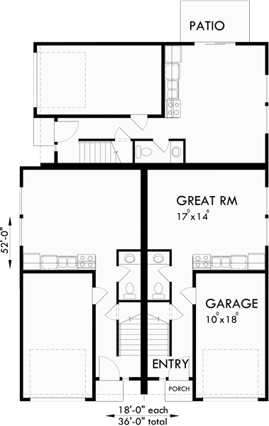 Main Floor Plan for T-402 Triplex house plans, corner lot multifamily plans, triplex house plans with garage, T-402