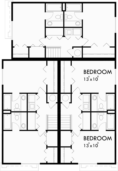 Upper Floor Plan for T-402 Triplex house plans, corner lot multifamily plans, triplex house plans with garage, T-402