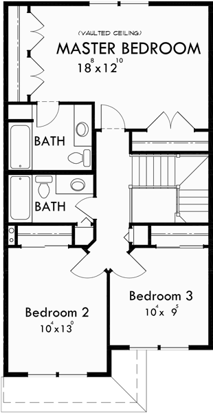 Upper Floor Plan for T-398 Triplex house plans, 3 bedroom townhouse plans, triplex plans with garage, 22 ft wide house plans, T-398