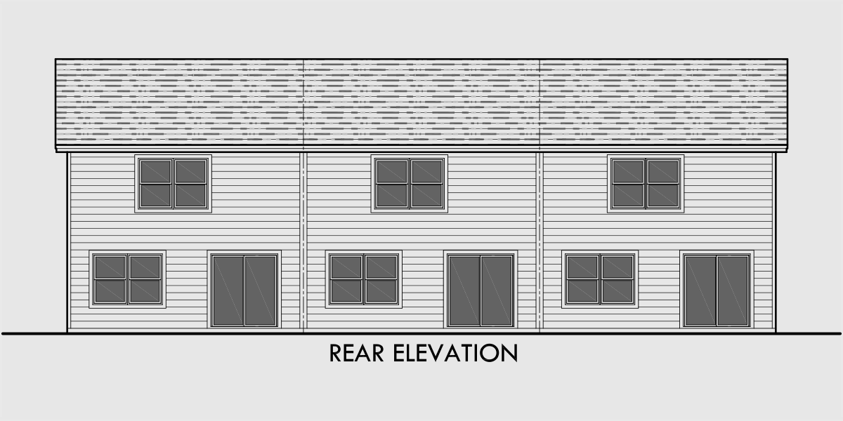 House front drawing elevation view for T-398 Triplex house plans, 3 bedroom townhouse plans, triplex plans with garage, 22 ft wide house plans, T-398