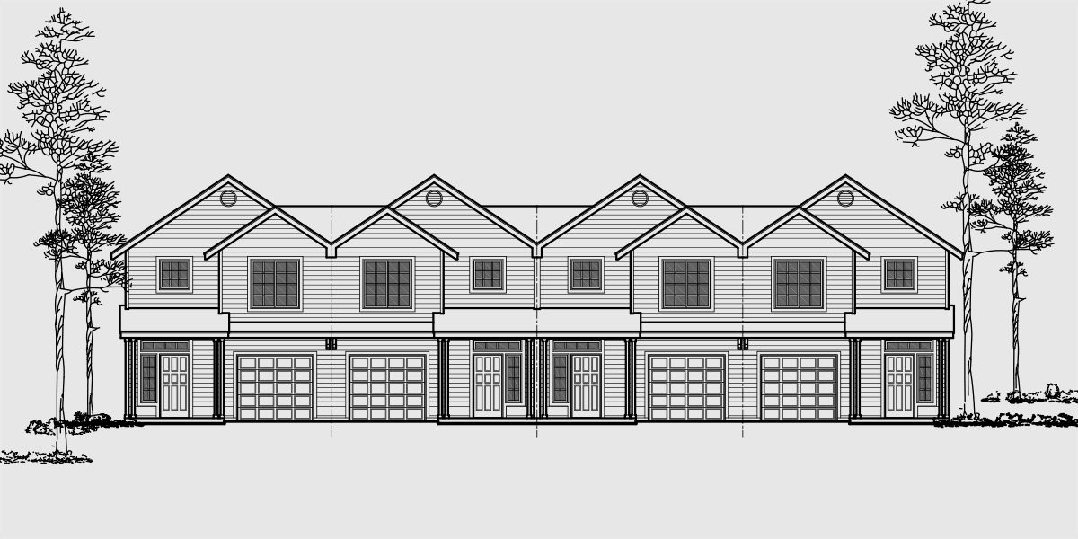 House front drawing elevation view for F-545 4 plex house plans, narrow townhouse, row house plans, 22 ft wide house plans, F-545