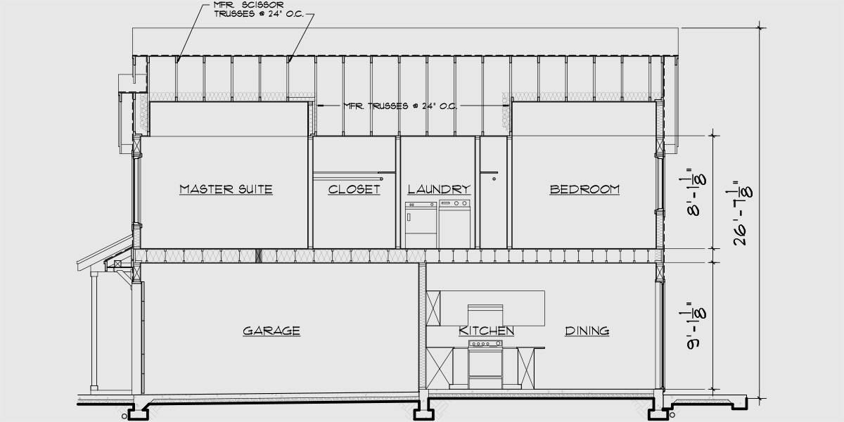 House rear elevation view for F-545 4 plex house plans, narrow townhouse, row house plans, 22 ft wide house plans, F-545