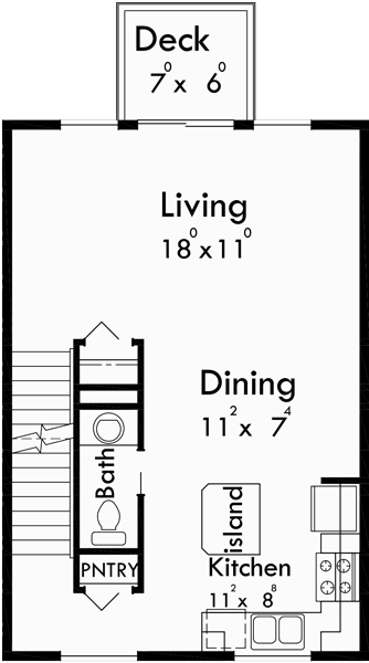 Main Floor Plan for F-562 4 plex plans, narrow townhouse plans, 4 plex plans with garage, 2 bedroom 4 plex plans, F-562