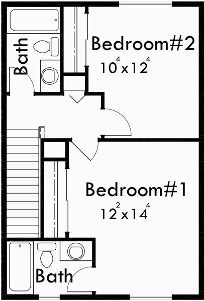 Upper Floor Plan for F-562 4 plex plans, narrow townhouse plans, 4 plex plans with garage, 2 bedroom 4 plex plans, F-562