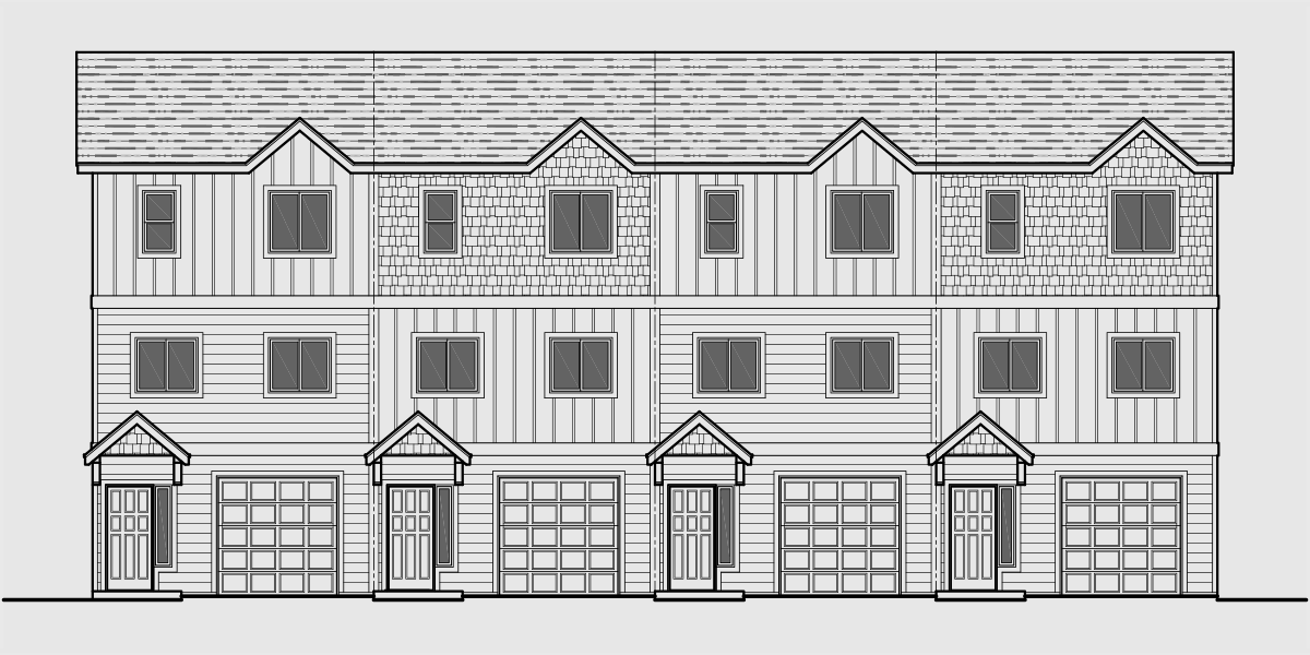 F-562 4 plex plans, narrow townhouse plans, 4 plex plans with garage, 2 bedroom 4 plex plans, F-562