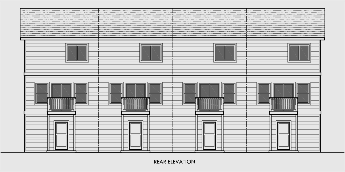 House front drawing elevation view for F-562 4 plex plans, narrow townhouse plans, 4 plex plans with garage, 2 bedroom 4 plex plans, F-562
