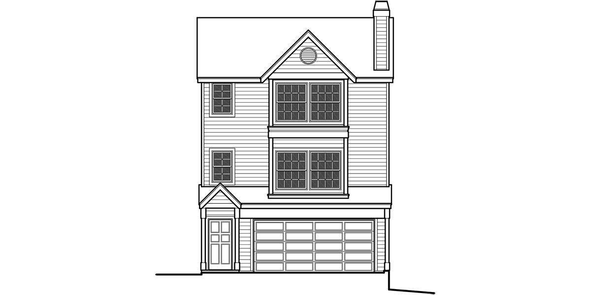 House front drawing elevation view for 10026 Three Story House Plan with Window seats in Master bedroom & Living room, Upper level Deck, and 2 car garage